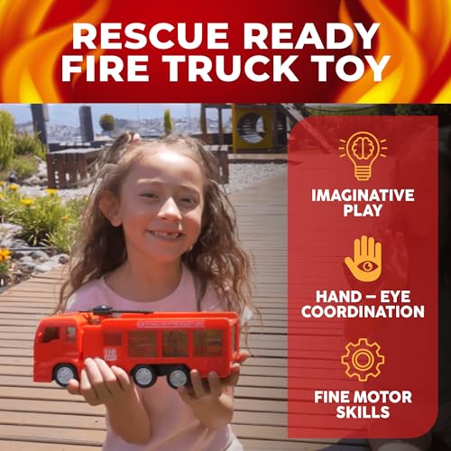 Toysery Fire Truck Toy, Realistic Fire Trucks Toddler Toys, Siren Head Toy with Vivid Lights, Bump and Go Red Fire Trucks for Kids,Fire Truck with Extending Fire Ladder - Cool Toys for Boys