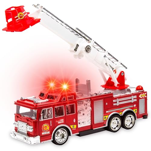 Toysery Fire Truck Toy - Fire Trucks for Toddlers 3-5 - Toy Fire Truck with Flashing Lights & Siren Sounds for Kids, Extendable Rotating Ladder, Bump and Go Action. Firetruck Toys 3-5 Years Old