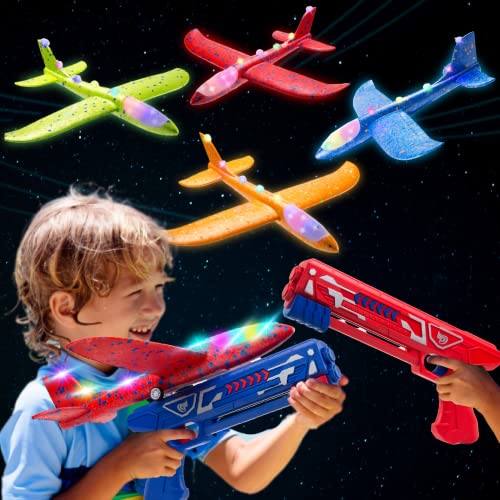 Toysery High-Flyer Toy Airplane Launcher for Kids 8 12. Foam Airplane Launcher Toy, 4 Pack with LED Lights and Powerful Long-Range Launching- Christmas Air Plane Toys for Boys and Girls