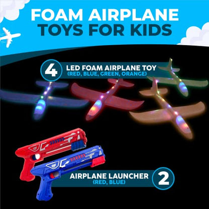 Toysery High-Flyer Toy Airplane Launcher for Kids 8 12. Foam Airplane Launcher Toy, 4 Pack with LED Lights and Powerful Long-Range Launching- Christmas Air Plane Toys for Boys and Girls