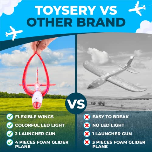 Toysery High-Flyer Toy Airplane Launcher for Kids 8 12. Foam Airplane Launcher Toy, 4 Pack with LED Lights and Powerful Long-Range Launching- Christmas Air Plane Toys for Boys and Girls