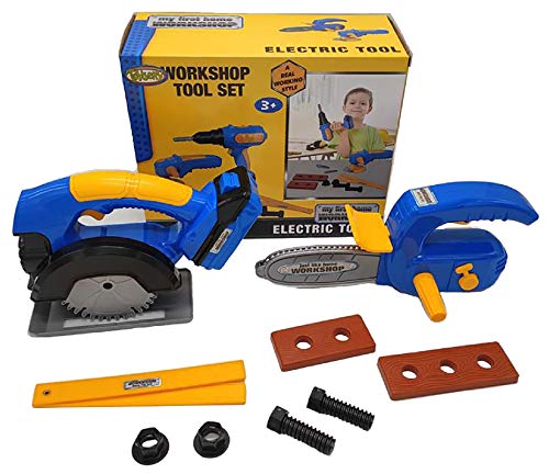 Toysery Kids Workshop Tool Set - Pretend Play Children Toys - Fun and Educational Kids Construction Toys with 10 Pieces Including Battery Powered Cutter Machine with 2 Power Tools and 8 Accessories