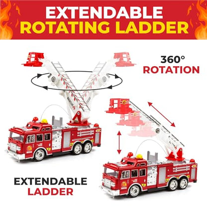 Toysery Fire Truck Toy - Fire Trucks for Toddlers 3-5 - Toy Fire Truck with Flashing Lights & Siren Sounds for Kids, Extendable Rotating Ladder, Bump and Go Action. Firetruck Toys 3-5 Years Old