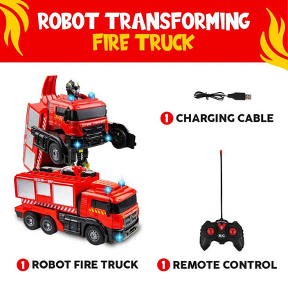 Toysery Remote Control Fire Truck for Kids with Spray Water Pump. One Button Press Deformation with Flashing Lights and 4 Fire Engine Siren Sound Effects