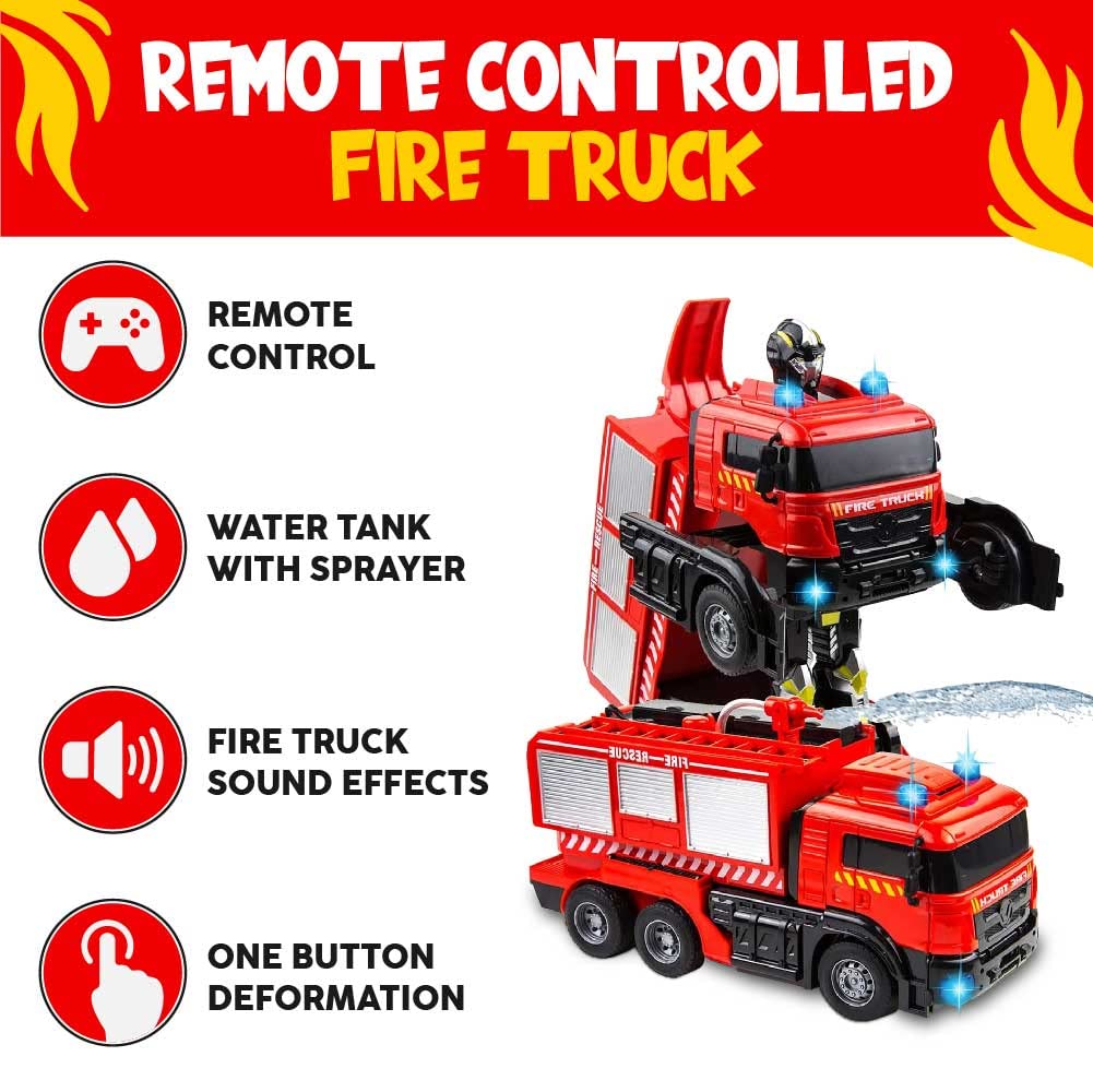 Toysery Remote Control Fire Truck for Kids with Spray Water Pump. One Button Press Deformation with Flashing Lights and 4 Fire Engine Siren Sound Effects