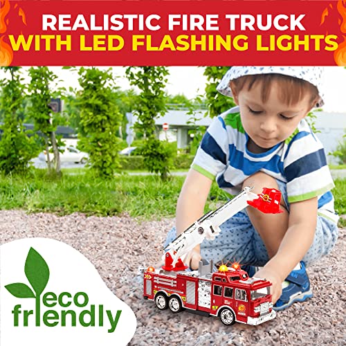 Toysery Fire Truck Toy - Fire Trucks for Toddlers 3-5 - Toy Fire Truck with Flashing Lights & Siren Sounds for Kids, Extendable Rotating Ladder, Bump and Go Action. Firetruck Toys 3-5 Years Old