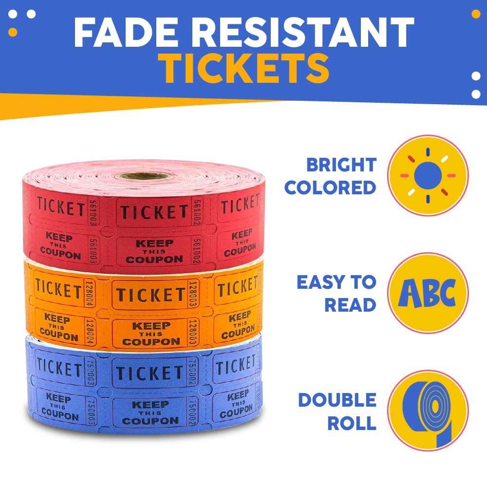 Toysery Multicolor Raffle Tickets - 6000 Tickets (3 Double Rolls of 2000 Tickets Roll), Consecutively Numbered Fundraiser 50/50 Raffle Tickets for Christmas Party, Concert, Carnivals & Other Event