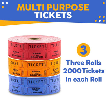 Toysery Multicolor Raffle Tickets - 6000 Tickets (3 Double Rolls of 2000 Tickets Roll), Consecutively Numbered Fundraiser 50/50 Raffle Tickets for Christmas Party, Concert, Carnivals & Other Event