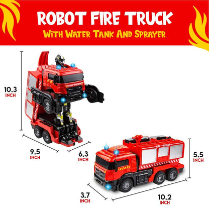 Toysery Remote Control Fire Truck for Kids with Spray Water Pump. One Button Press Deformation with Flashing Lights and 4 Fire Engine Siren Sound Effects