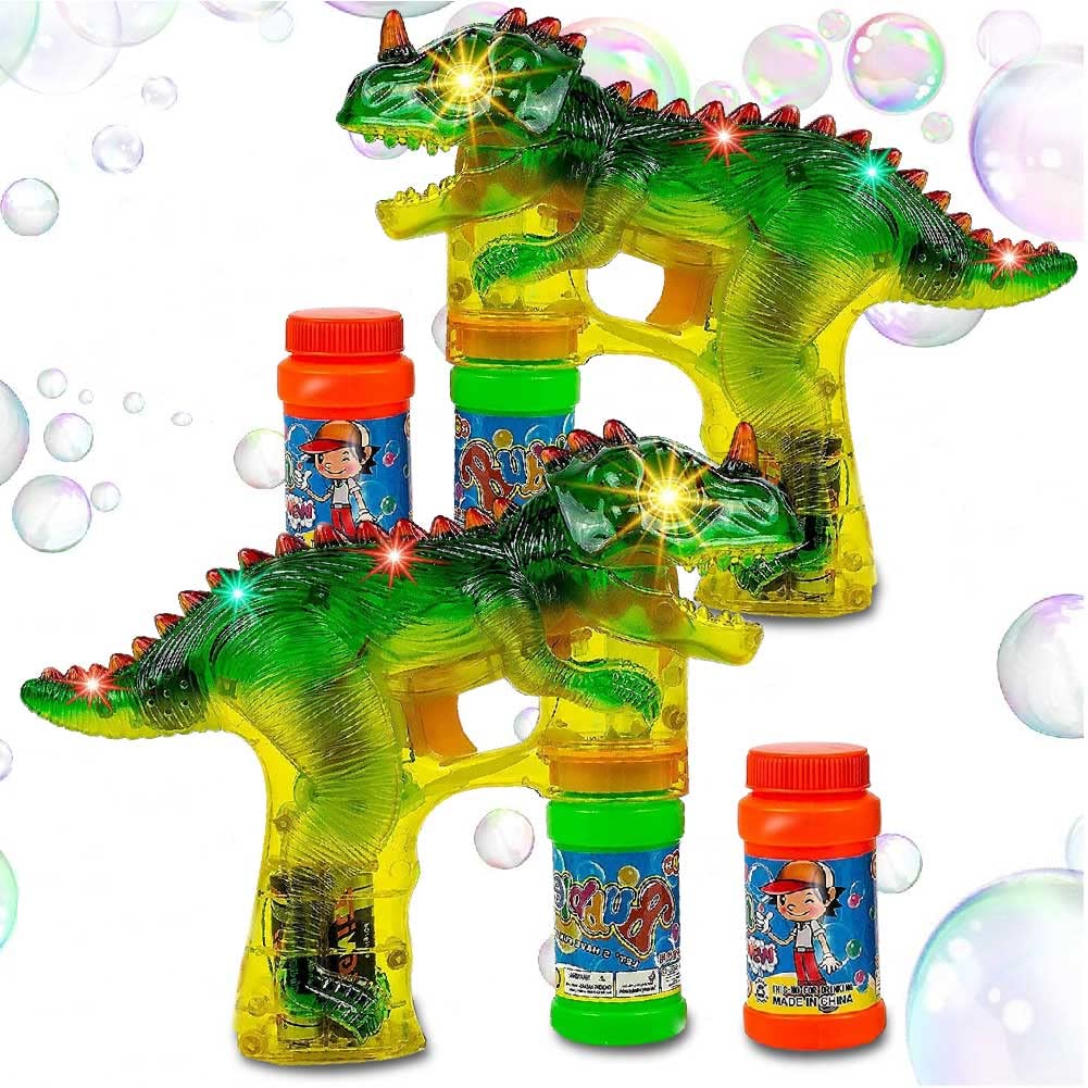 Toysery Dinosaur Bubble Gun for Kids. Colorful Dinosaur Bubble Blower Toy with LED Lights and Music Chimes. Complimentary Batteries Included (2 Pack)