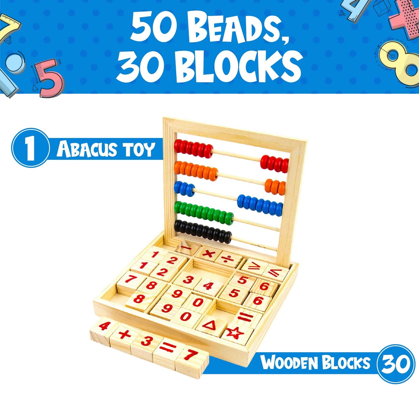 Toysery Abacus for Kids Math Counters, Wooden Educational Counting Toy, Toddler Blocks Kindergarten Toys, Toddler Blocks Wooden Toys, 50 Beads and 30 Blocks, Wooden Blocks for Toddlers 1-3 Large