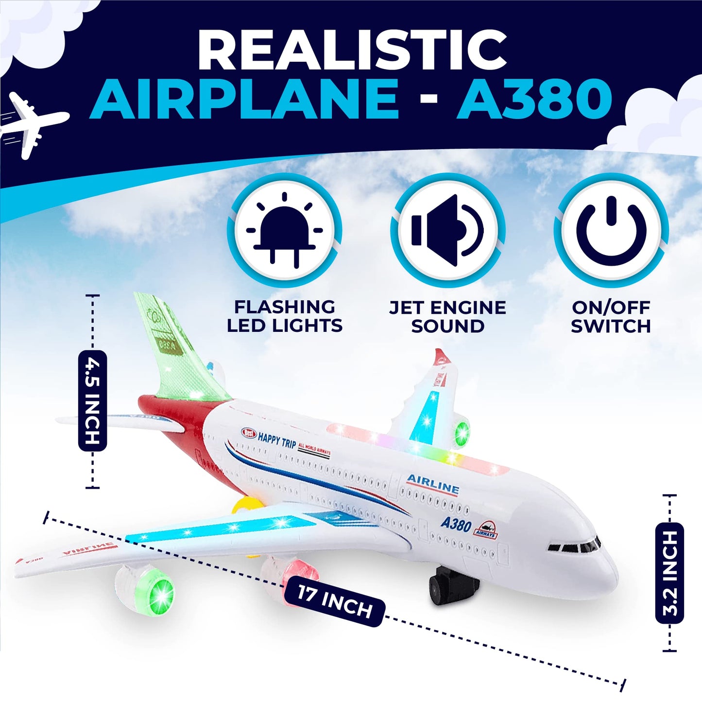 Toysery Airplane Toys for Kids, Bump and Go Action, Toddler Toy Plane with LED Flashing Lights and Sounds. Ideal for Boys & Girls 3-12 Years Old (Airbus A380)