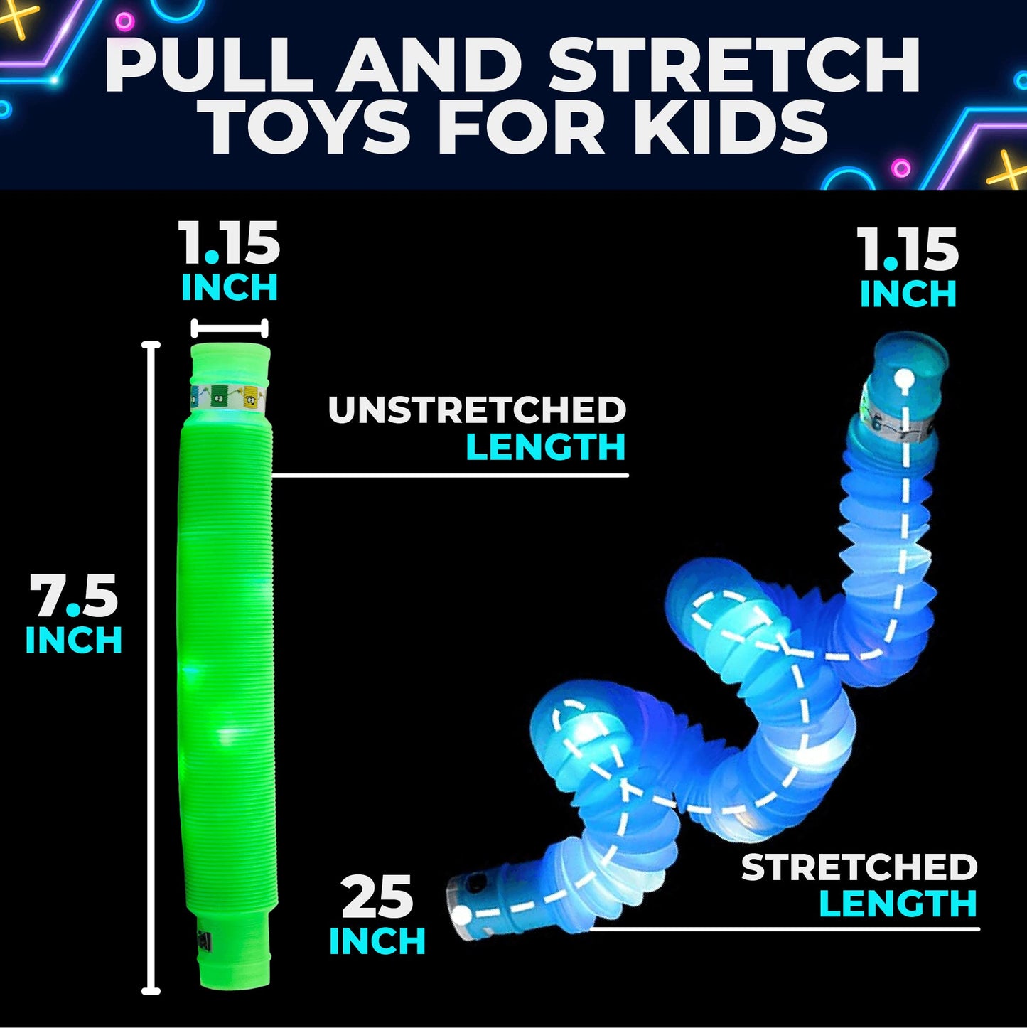 Toysery 24 Piece Light up Tubes for Kids. Glow in The Dark Tubes for Kids. Fun Stretchy Glow Tubes Toy. Light up Glow Sticks Fidget Pop Tubes