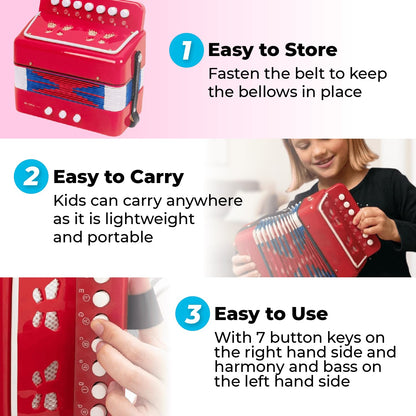 Kids Toy Accordion with 7 Vocal Keys. Portable Mini Musical Instrument with Easy to Carry Back Strap included. Ideal for Kids 3+ Red