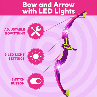 Toysery Kids Archery Set with LED Flash Lights, Toy Bow and Arrow Set for 6-8 Years Old Boys, Includes Archery Bow, 6 Archery Arrows, Target, Quiver - Great for Youth Practice (Dark Pink)