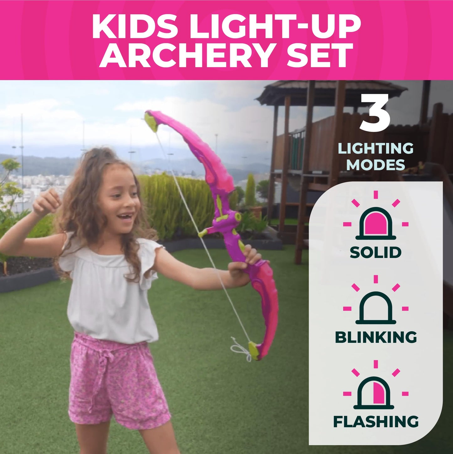 Toysery Kids Archery Set with LED Flash Lights, Toy Bow and Arrow Set for 6-8 Years Old Boys, Includes Archery Bow, 6 Archery Arrows, Target, Quiver - Great for Youth Practice (Dark Pink)