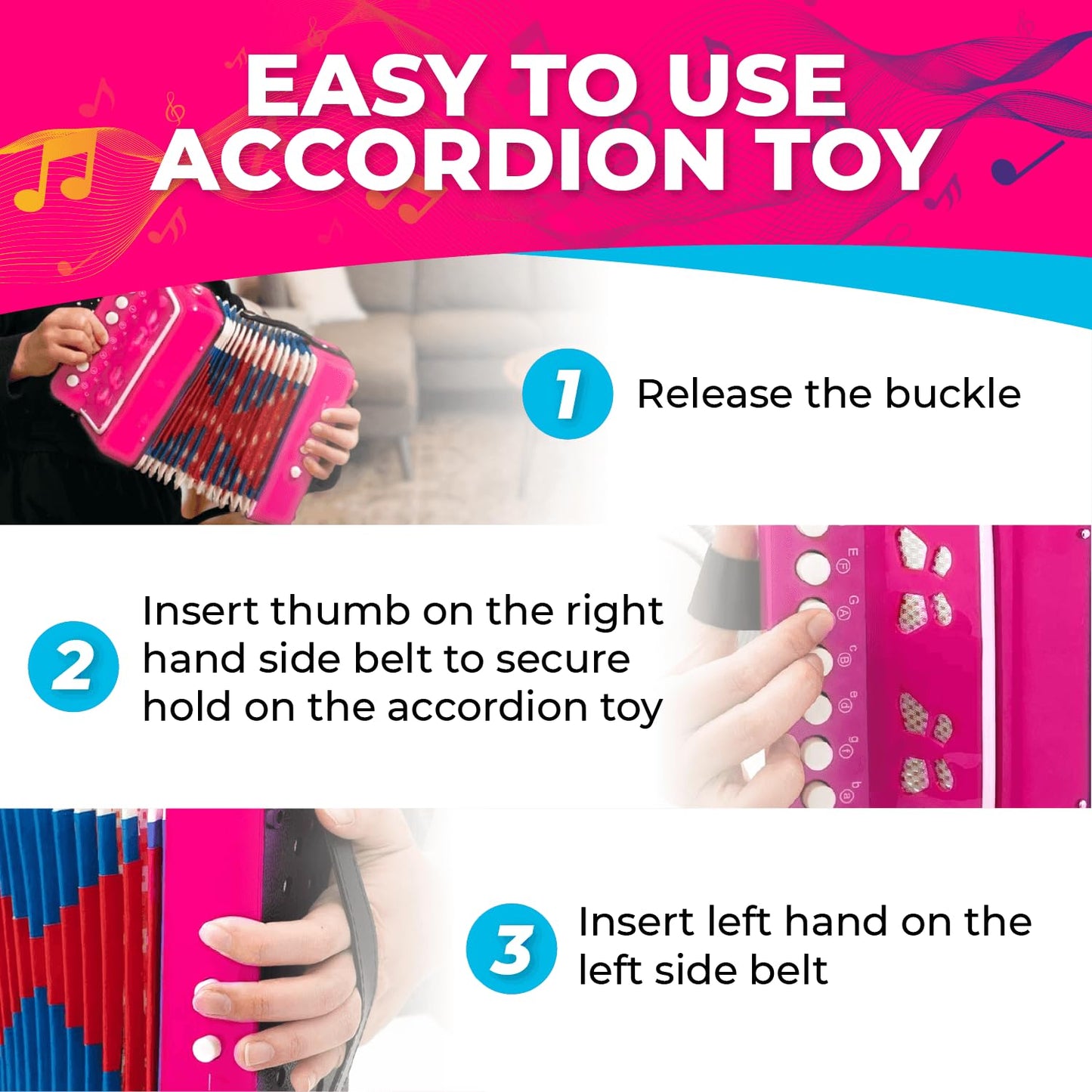 Kids Toy Accordion with 7 Vocal Keys. Portable Mini Musical Instrument with Easy to Carry Back Strap included. Ideal for Kids 3+ Purple