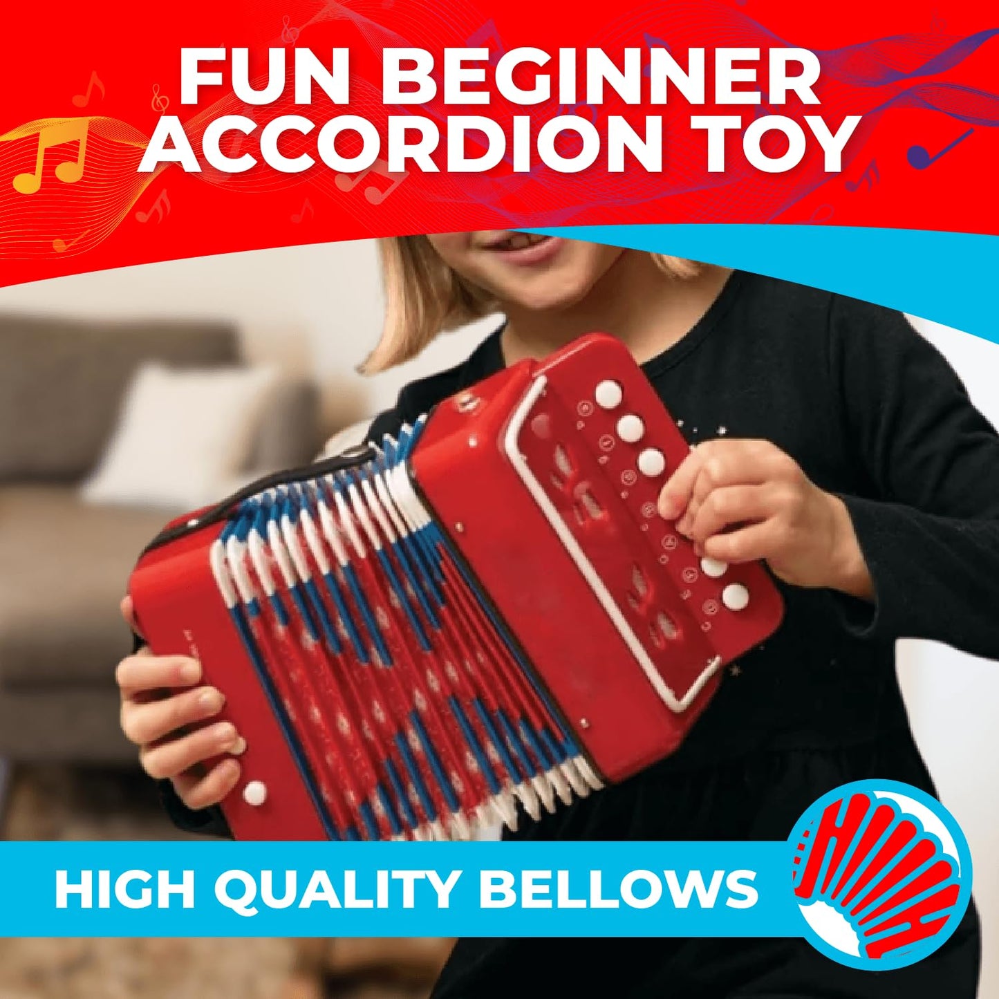 Kids Toy Accordion with 7 Vocal Keys. Portable Mini Musical Instrument with Easy to Carry Back Strap included. Ideal for Kids 3+ Red