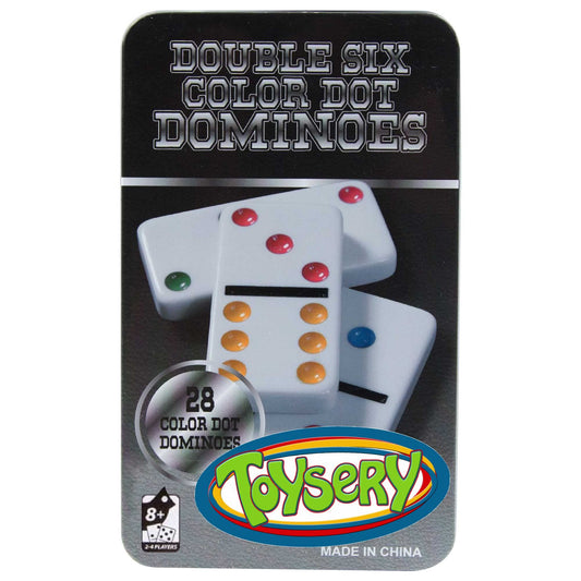 Toysery Double 6 Dominoes Set with Colored Dots. 28 Piece Set White Dominos for Kids with Tin Case. Educational Game Set