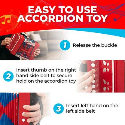 Kids Toy Accordion with 7 Vocal Keys. Portable Mini Musical Instrument with Easy to Carry Back Strap included. Ideal for Kids 3+ Red