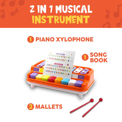 Toysery 2 in 1 Baby Piano Xylophone for Toddlers. Piano Toy Musical Instrument with 8 Multicolored Key Scales in Crisp and Clear Tones. Mallet Included. Ages 3 Years and Above.