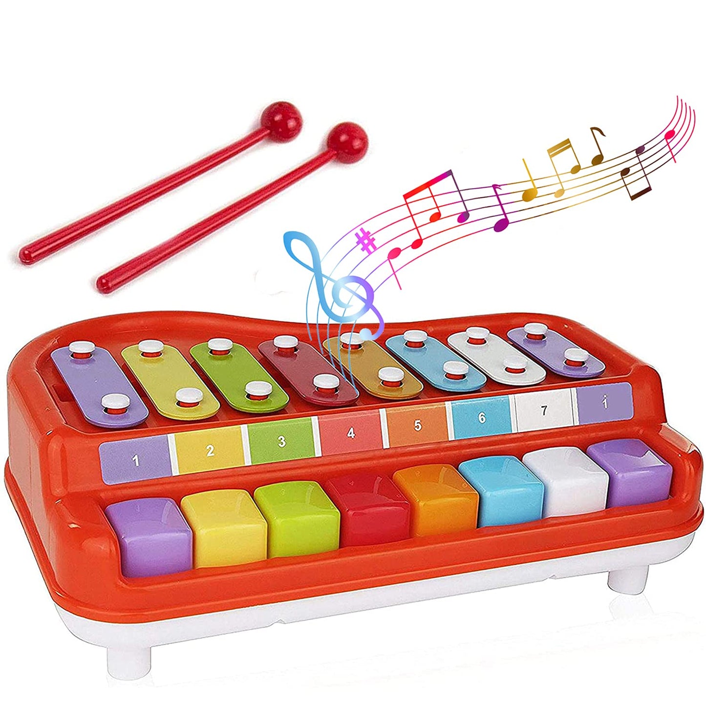 Toysery 2 in 1 Baby Piano Xylophone for Toddlers. Piano Toy Musical Instrument with 8 Multicolored Key Scales in Crisp and Clear Tones. Mallet Included. Ages 3 Years and Above.