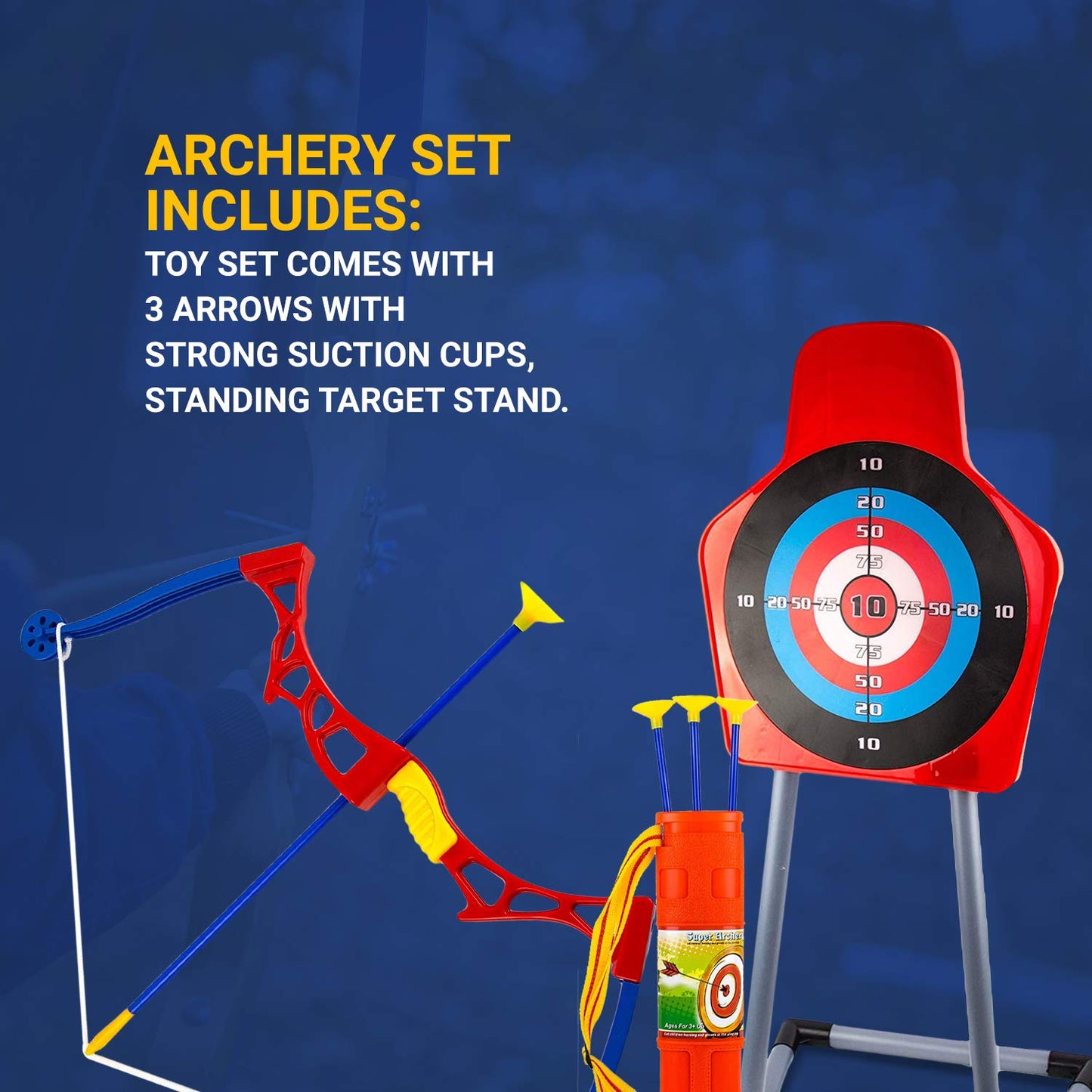 Toysery Bow and Arrow Toy Set for Kids – Archery Set with 3 Suction Cup Arrows, Quiver and Free Standing Target, Ideal for Indoor, Outdoor Hunting Adventure Games