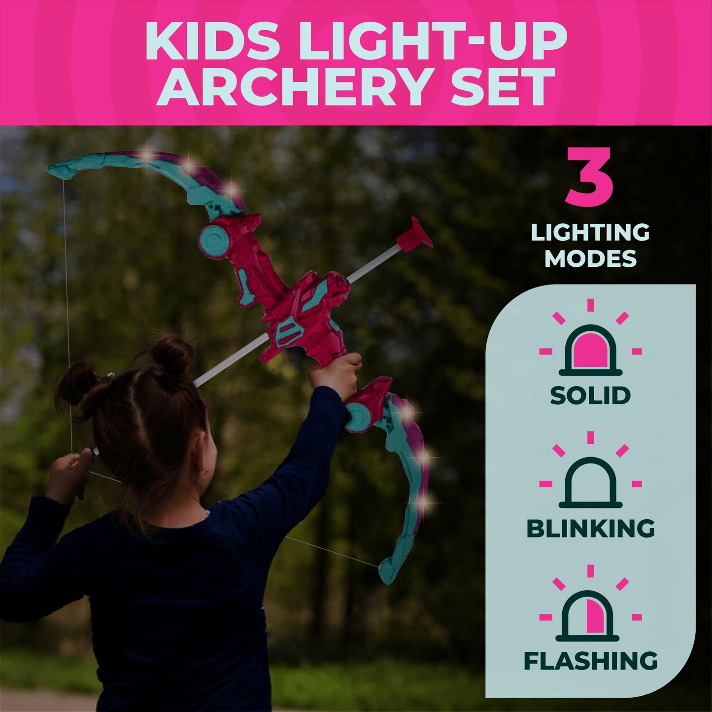 Toysery Kids Bow and Arrow Set with LED Flash Light, Toy Bow and Arrow for Kids 8-12 Years Old - Toy Bow and Arrow Set for Boys and Girls, Includes Archery Bow, 6 Archery Arrows, Target, Quiver (Pink)