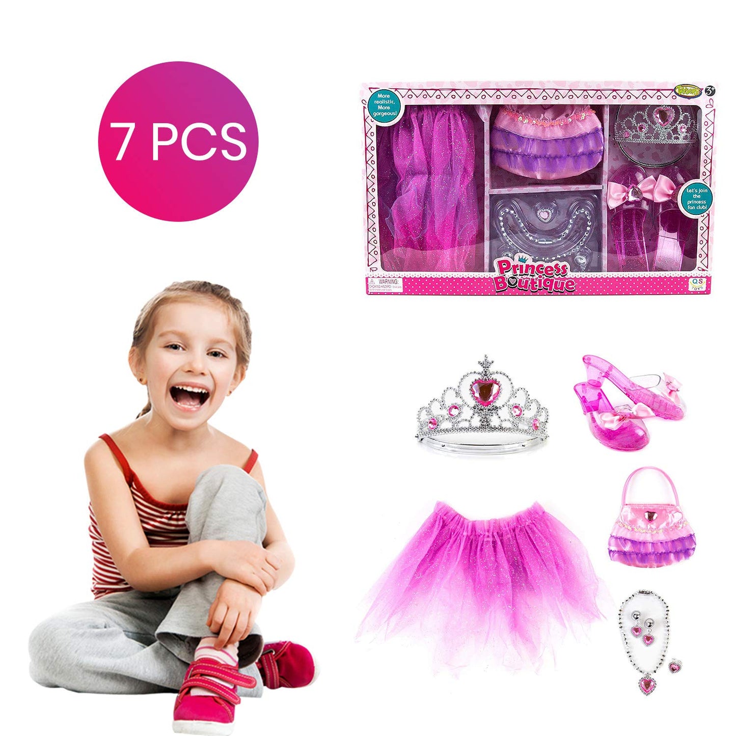 Toysery Princess Dress Up Shoes, Little Girls Play Gift Simulation Boutique Collection Shoe Set with Dress, Crown, and Jewelry, Washable Multiple Beauty Fashion Accessories Set for Age 3-10 Yrs Old