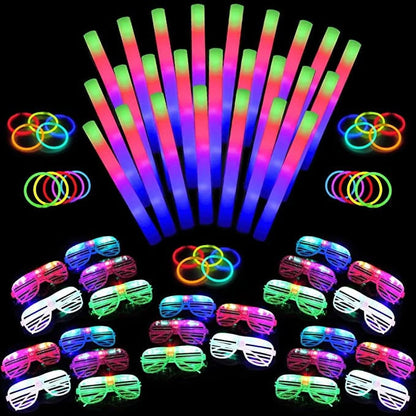 Toysery Glow In The Dark Party Supplies 140 Piece - Party Props Blacklight Party Supplies - LED Glasses, Foam Light Up Sticks, Glow Party Sticks - Neon Party Favors Hora Loca Party Supplies for Adults