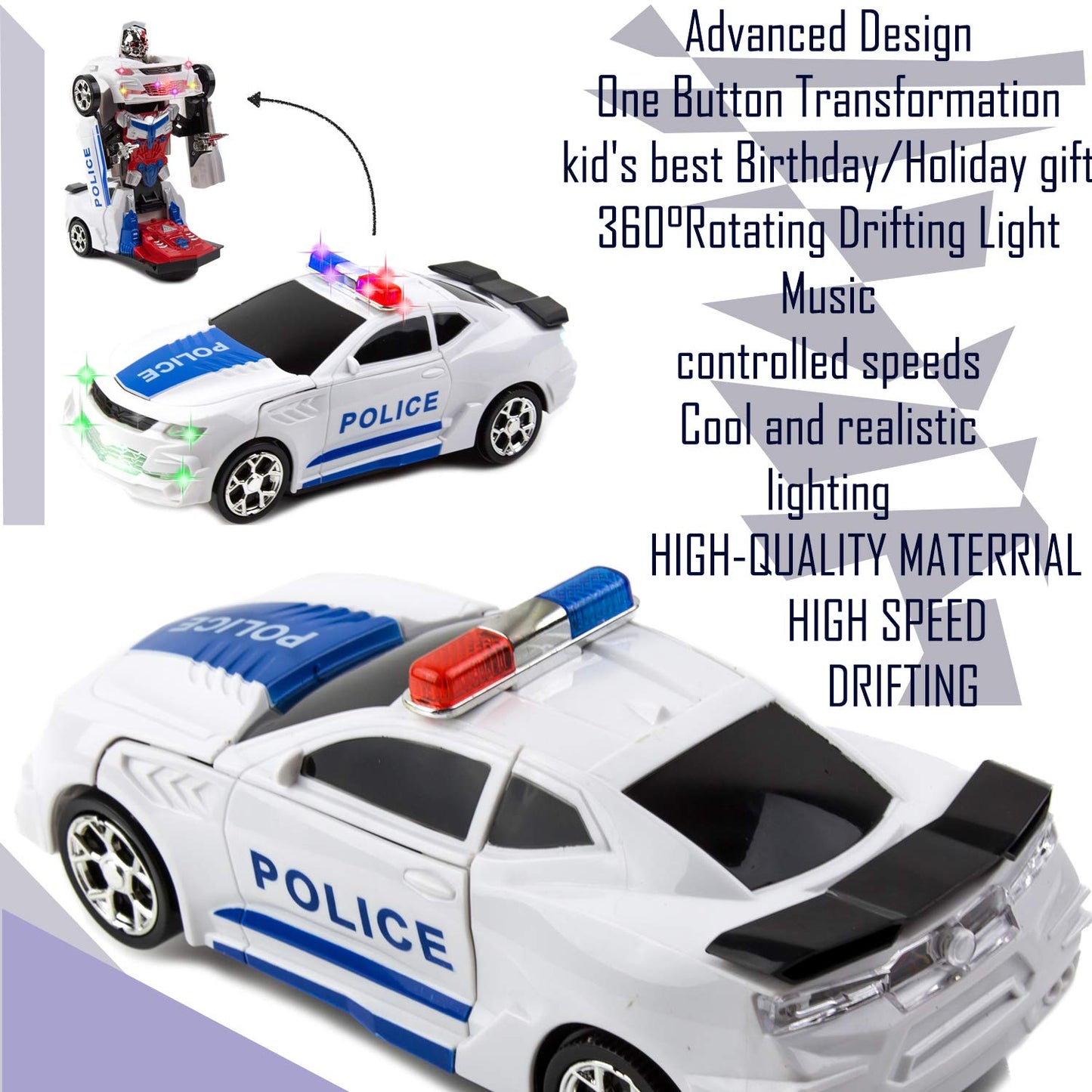 Toysery Transforming Robot Police Car with Light, Smart Robot Police Cars for Kids, Race Car to Robot Toy Transforming Toys for Boys, Bump and Go Toddler Car Robot Toys for Boys Age 7 to 9