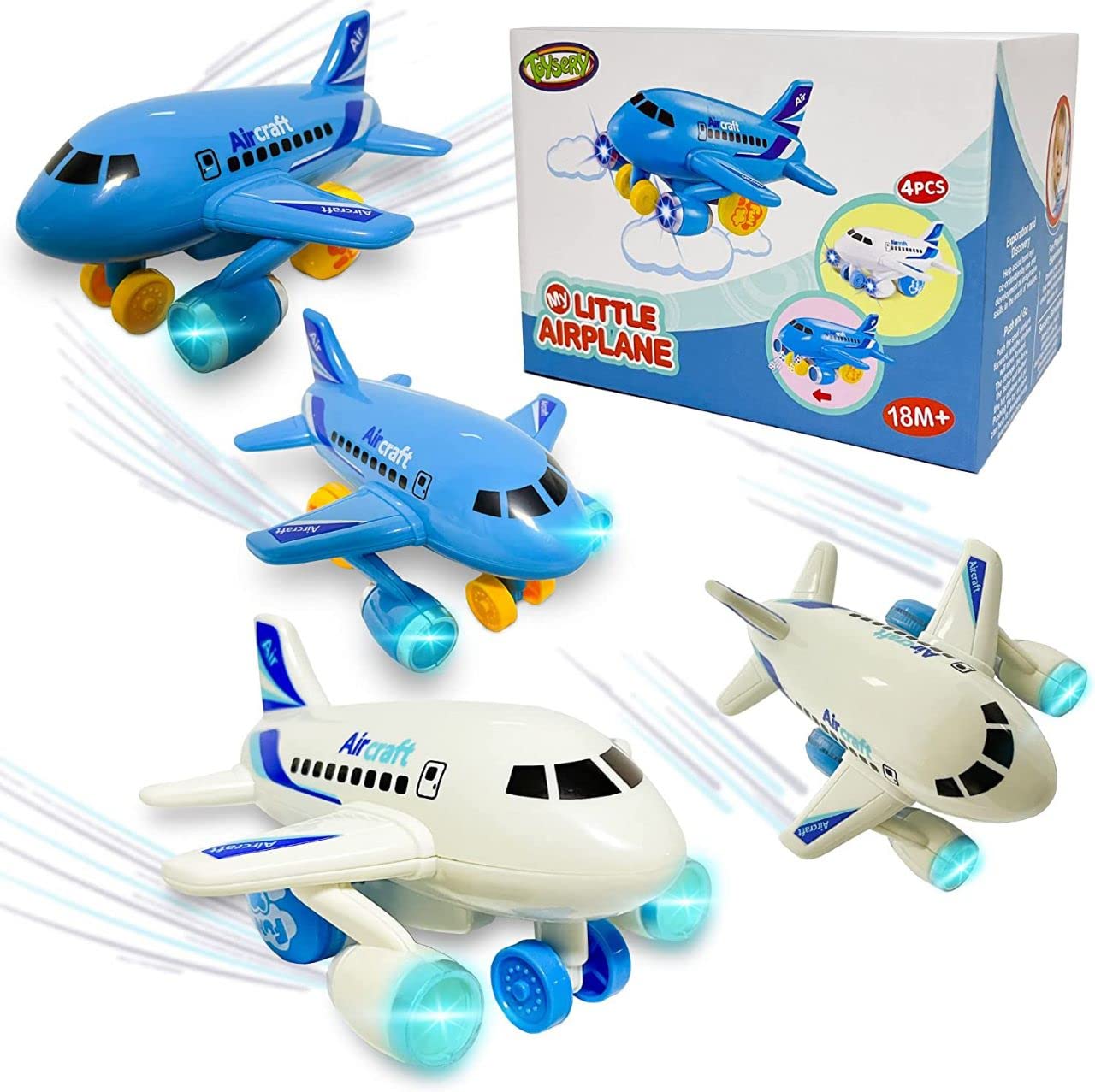 Toysery Push and Go Toddler Airplane Toy for Boys & Girls. Set of Four Friction Toy Airplanes with Flashing Lights & Airplane Sound, Plane Gift Toys for Kids Ages 18 Months Old and Above