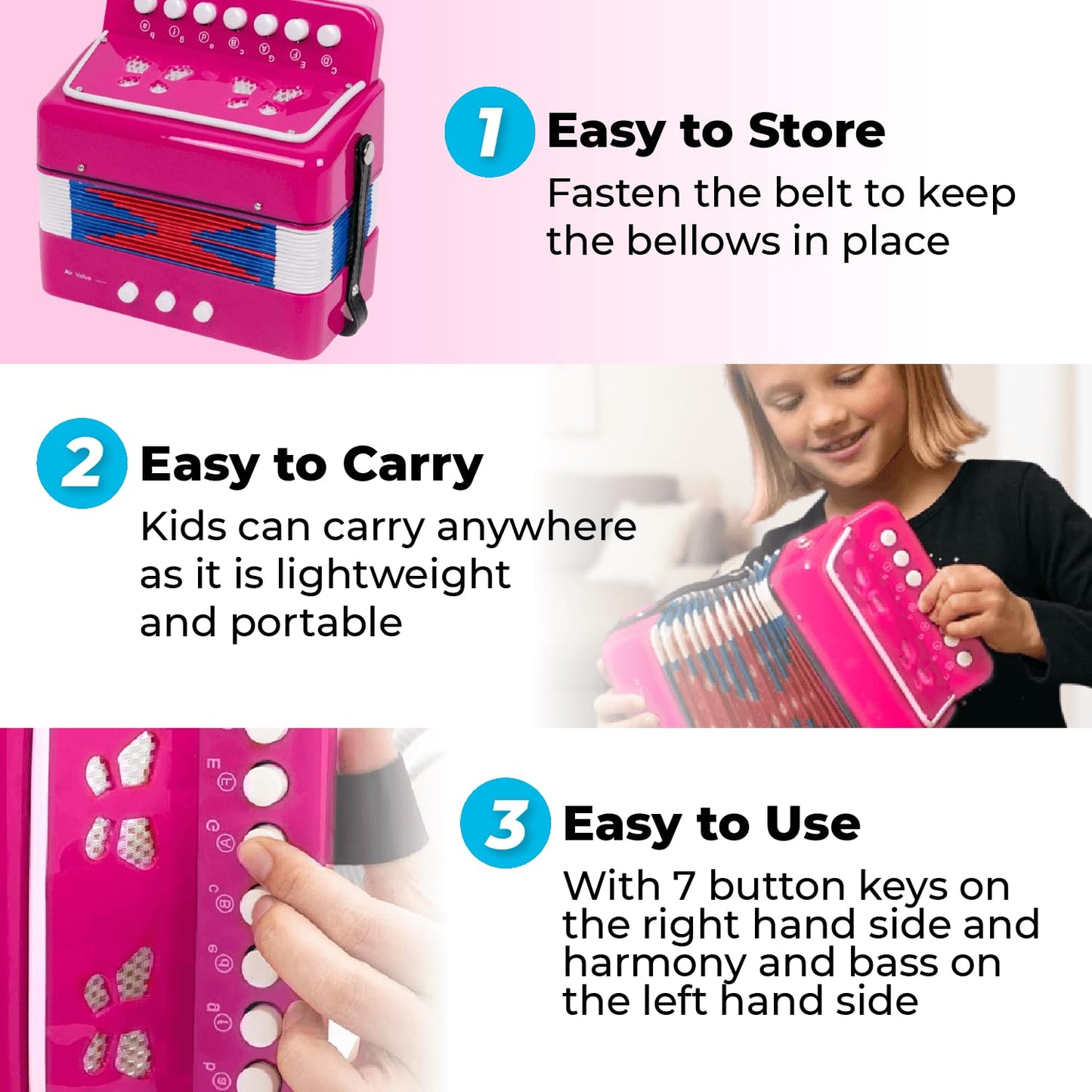 Kids Toy Accordion with 7 Vocal Keys. Portable Mini Musical Instrument with Easy to Carry Back Strap included. Ideal for Kids 3+ Purple