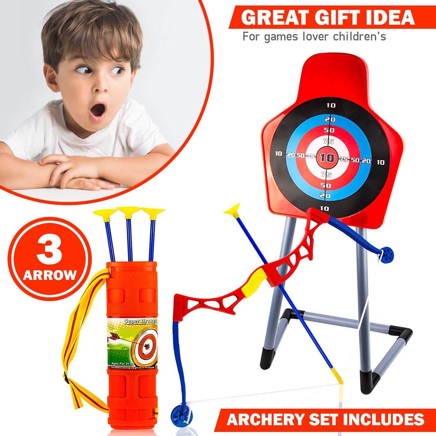 Toysery Bow and Arrow Toy Set for Kids – Archery Set with 3 Suction Cup Arrows, Quiver and Free Standing Target, Ideal for Indoor, Outdoor Hunting Adventure Games