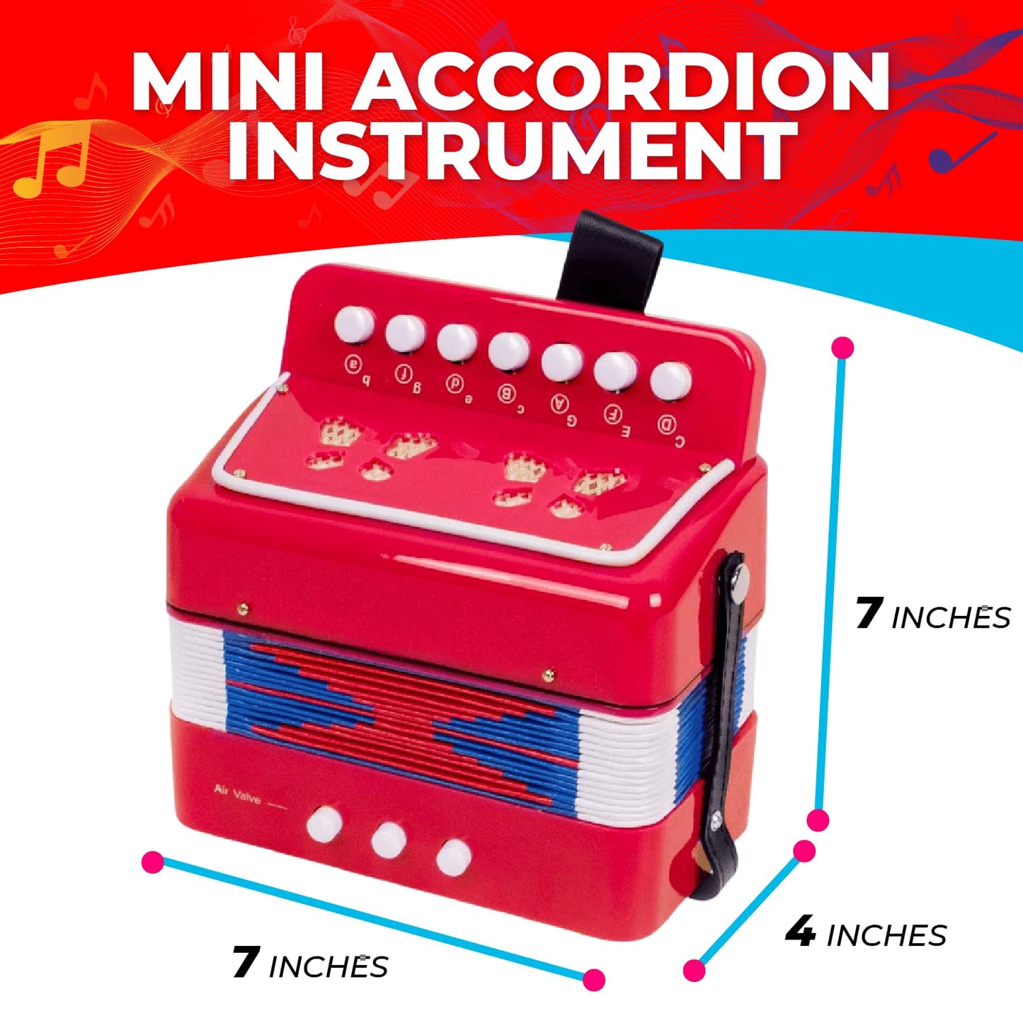 Kids Toy Accordion with 7 Vocal Keys. Portable Mini Musical Instrument with Easy to Carry Back Strap included. Ideal for Kids 3+ Red