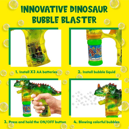 Toysery Dinosaur Bubble Machine for Kids 3-5. Dino Bubble Gun LED Lights and Music. Dinosaur Bubble Gun with Bubble Solution, Dinosaur Toys for Kids, Dinosaur Bubbles Machine Gun (1 Pack)