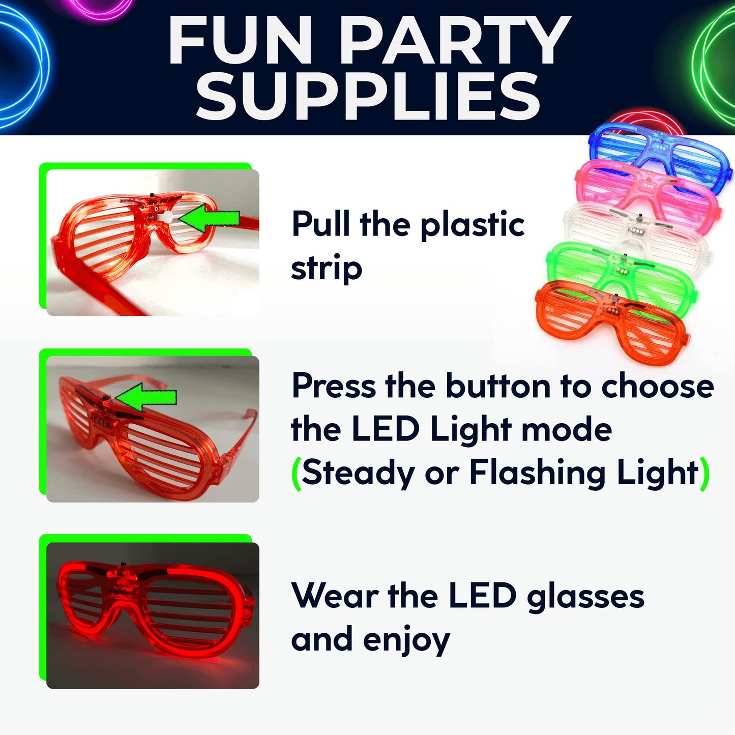 Toysery Neon LED Glasses Party, 25 Pieces Glow in the Dark Glasses, Light Up Party Supplies, Ideal Kid Party Favors, Fun Glow in the Dark Party Favors for New Years Light Up Glasses