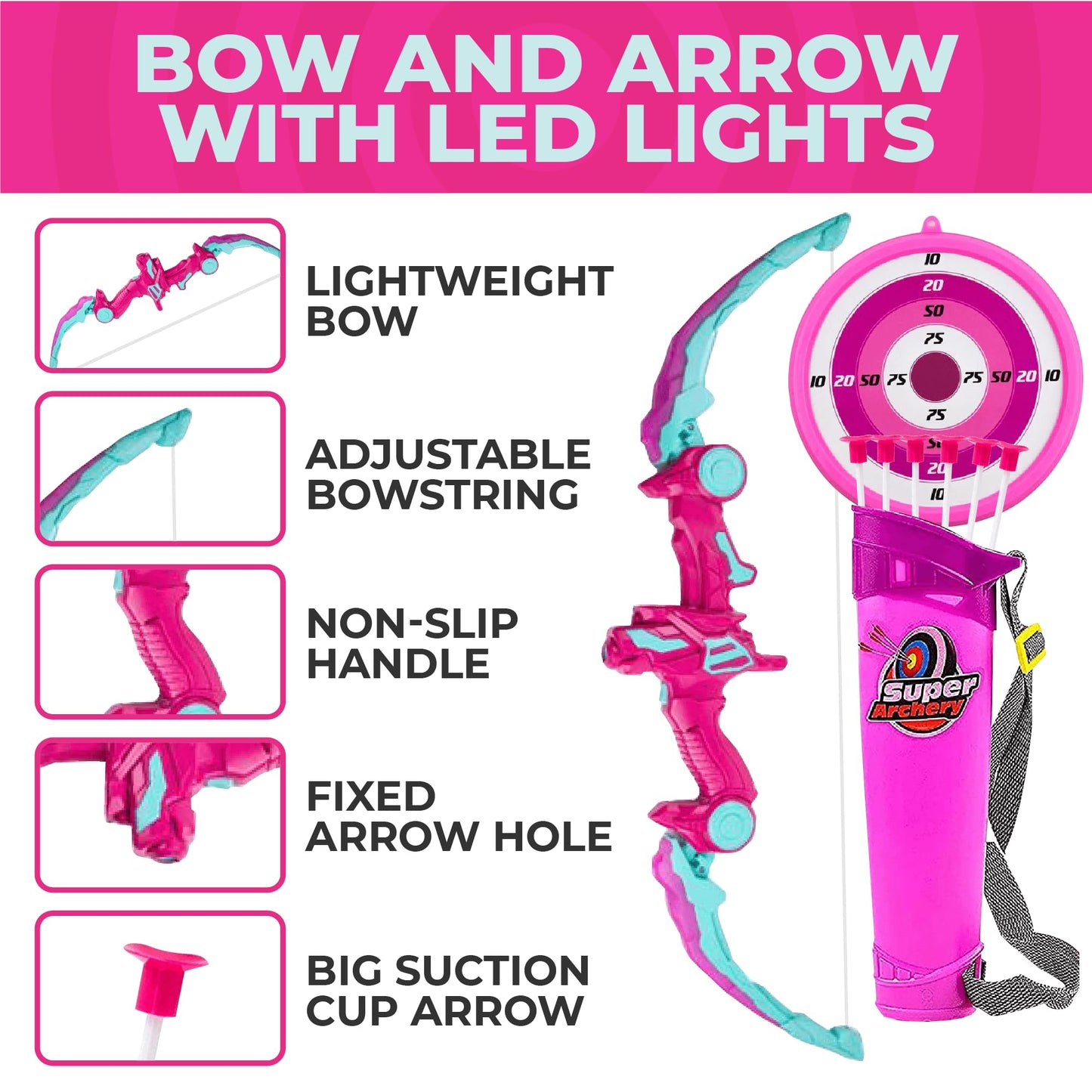 Toysery Kids Bow and Arrow Set with LED Flash Light, Toy Bow and Arrow for Kids 8-12 Years Old - Toy Bow and Arrow Set for Boys and Girls, Includes Archery Bow, 6 Archery Arrows, Target, Quiver (Pink)