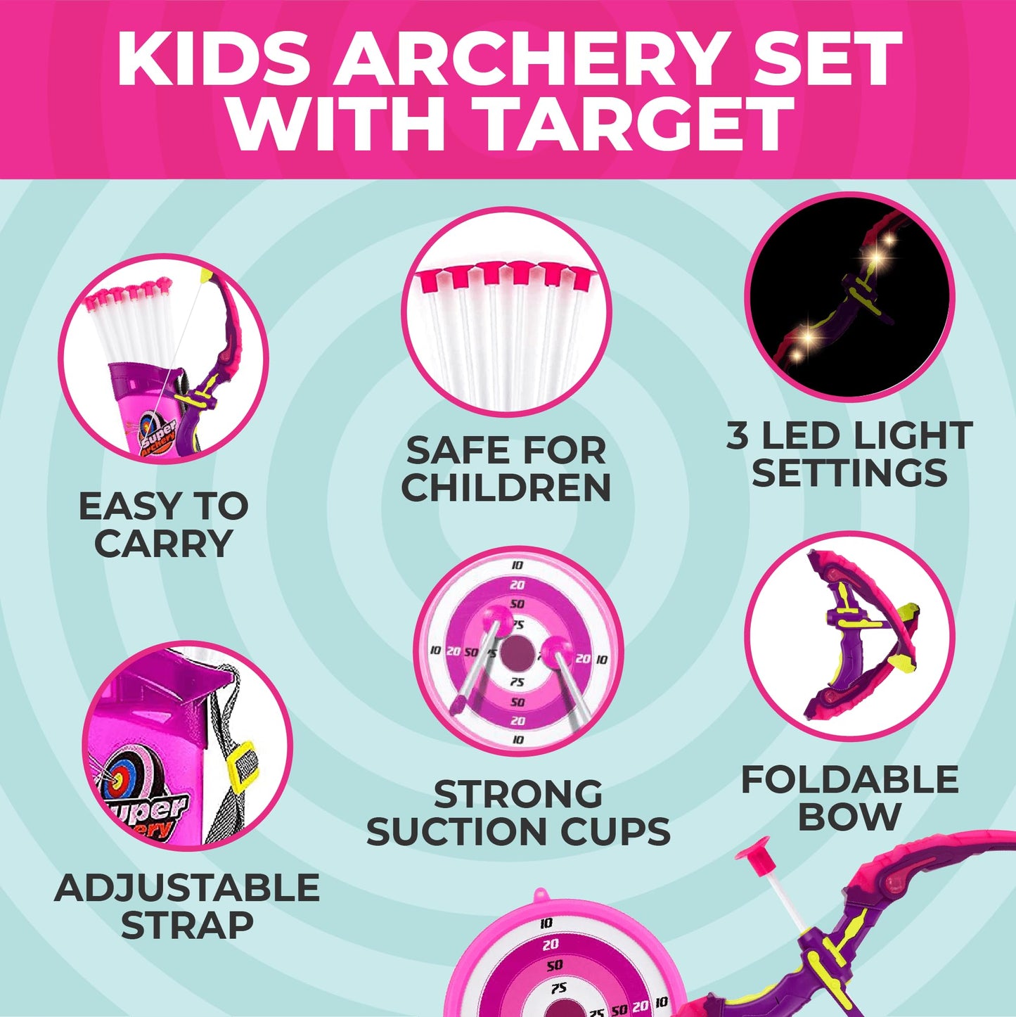 Toysery Kids Archery Set with LED Flash Lights, Toy Bow and Arrow Set for 6-8 Years Old Boys, Includes Archery Bow, 6 Archery Arrows, Target, Quiver - Great for Youth Practice (Dark Pink)