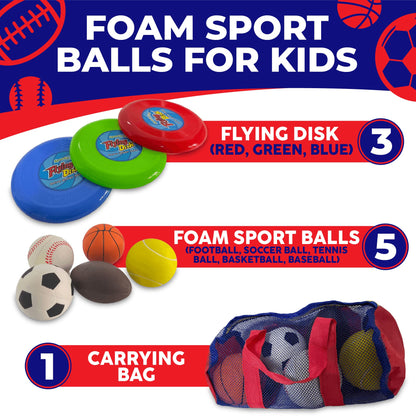 Toysery Balls Toddler Toys Set - Balls for Toddlers 1-3, Soft Balls for Kids (Football, Soccer Ball, Tennis, Basketball, Baseball, Kickball) & 3 Fresbee Discs, Complete with Carry Bag