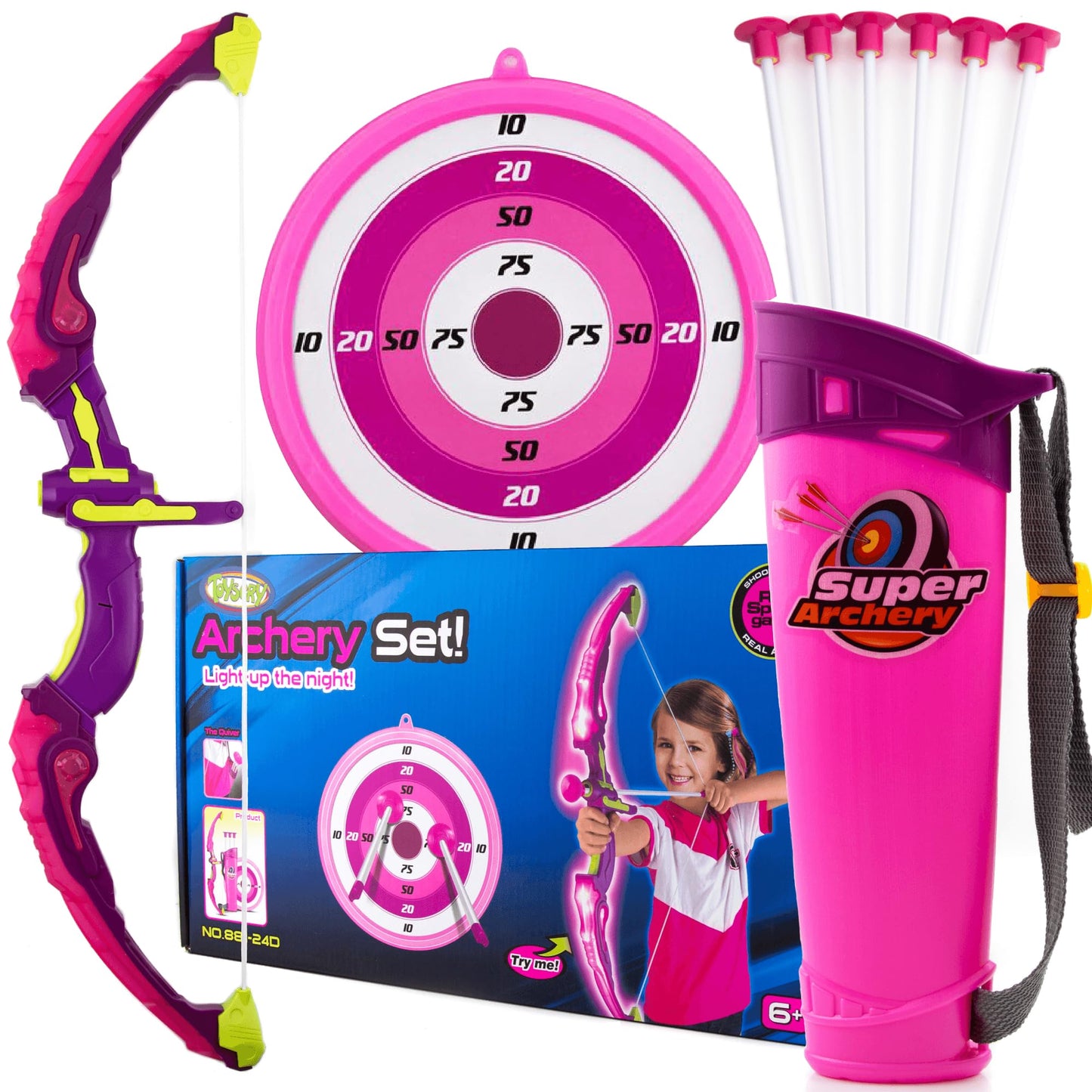 Toysery Kids Archery Set with LED Flash Lights, Toy Bow and Arrow Set for 6-8 Years Old Boys, Includes Archery Bow, 6 Archery Arrows, Target, Quiver - Great for Youth Practice (Dark Pink)