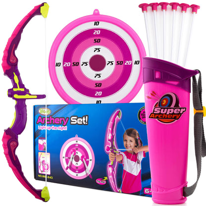 Toysery Kids Archery Set with LED Flash Lights, Toy Bow and Arrow Set for 6-8 Years Old Boys, Includes Archery Bow, 6 Archery Arrows, Target, Quiver - Great for Youth Practice (Dark Pink)