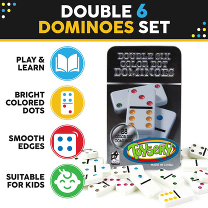 Toysery Double 6 Dominoes Set with Colored Dots. 28 Piece Set White Dominos for Kids with Tin Case. Educational Game Set