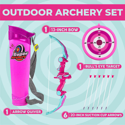 Toysery Kids Bow and Arrow Set with LED Flash Light, Toy Bow and Arrow for Kids 8-12 Years Old - Toy Bow and Arrow Set for Boys and Girls, Includes Archery Bow, 6 Archery Arrows, Target, Quiver (Pink)