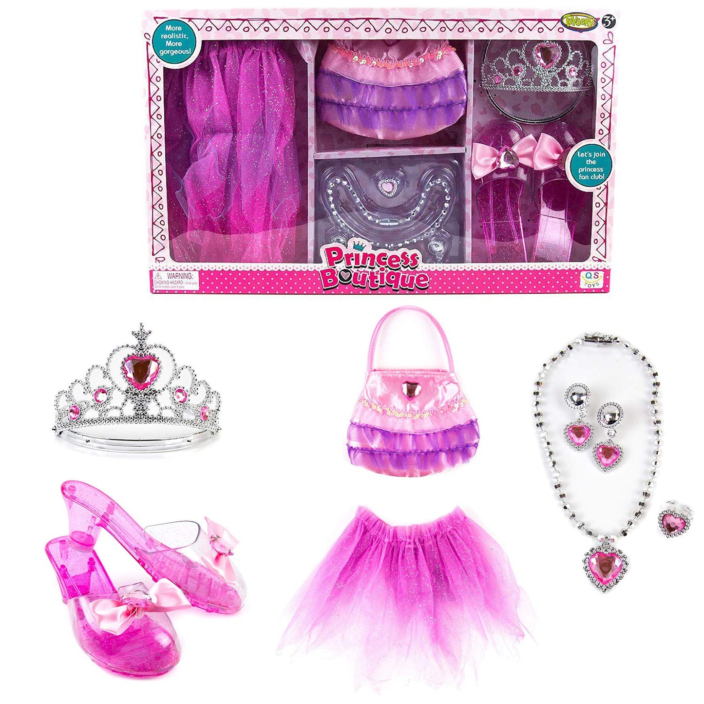 Toysery Princess Dress Up Shoes, Little Girls Play Gift Simulation Boutique Collection Shoe Set with Dress, Crown, and Jewelry, Washable Multiple Beauty Fashion Accessories Set for Age 3-10 Yrs Old