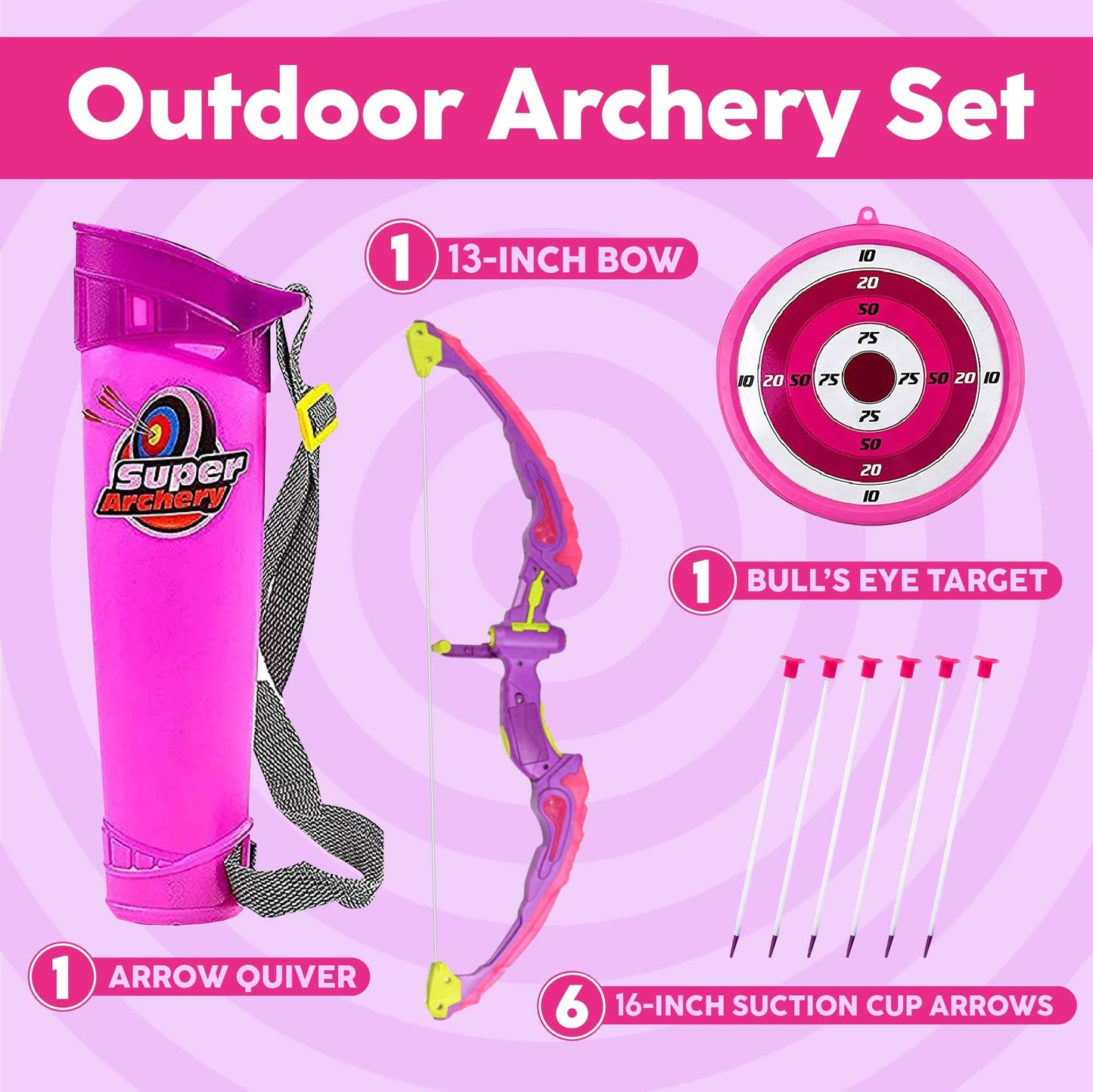 Toysery Kids Archery Set with LED Flash Lights, Toy Bow and Arrow Set for 6-8 Years Old Boys, Includes Archery Bow, 6 Archery Arrows, Target, Quiver - Great for Youth Practice (Dark Pink)