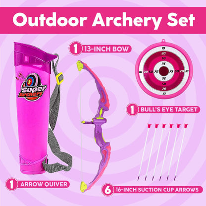 Toysery Kids Archery Set with LED Flash Lights, Toy Bow and Arrow Set for 6-8 Years Old Boys, Includes Archery Bow, 6 Archery Arrows, Target, Quiver - Great for Youth Practice (Dark Pink)