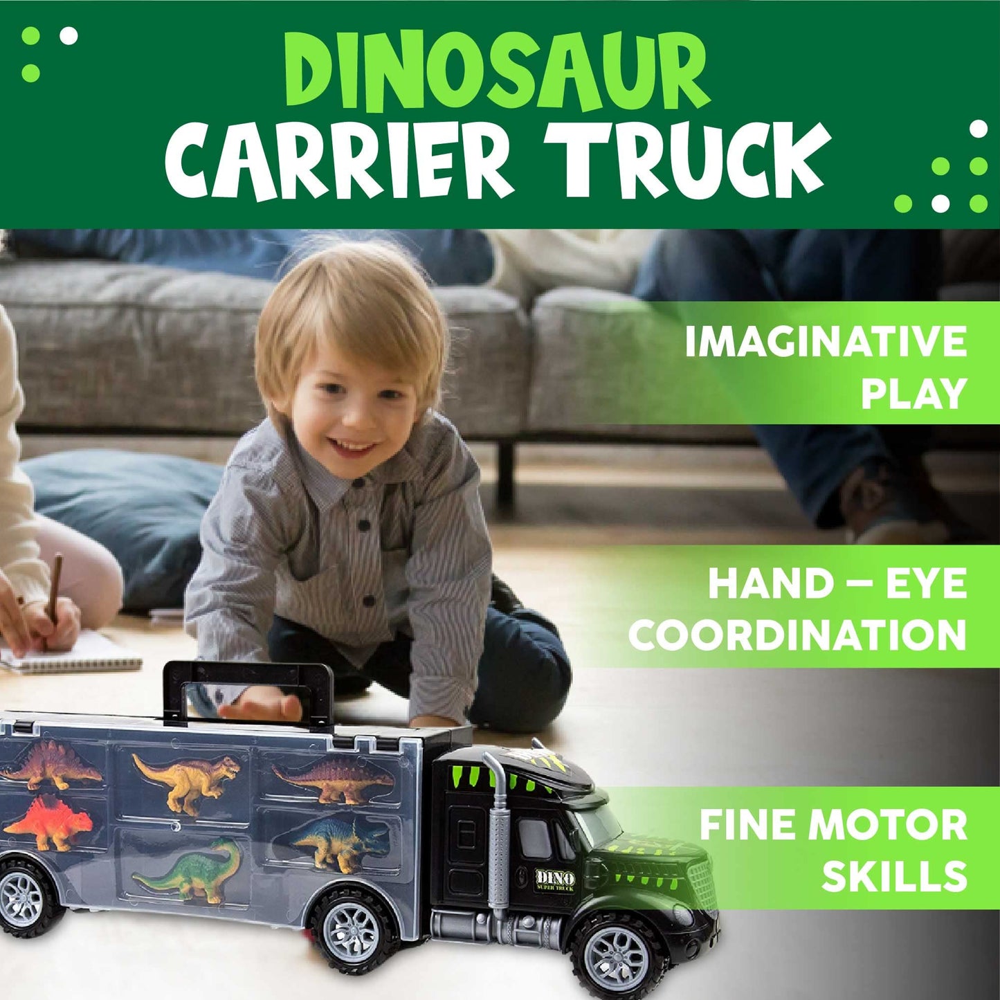 Toysery Dinosaur Transport Carrier Truck for Kids with 6 Vibrant Color Dinosaur Toys. Boys and Girls 3+ Years