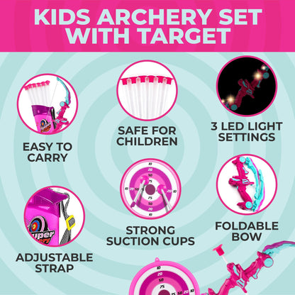 Toysery Kids Bow and Arrow Set with LED Flash Light, Toy Bow and Arrow for Kids 8-12 Years Old - Toy Bow and Arrow Set for Boys and Girls, Includes Archery Bow, 6 Archery Arrows, Target, Quiver (Pink)