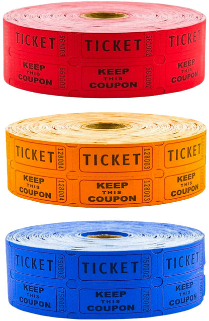 Toysery Multicolor Raffle Tickets - 6000 Tickets (3 Double Rolls of 2000 Tickets Roll), Consecutively Numbered Fundraiser 50/50 Raffle Tickets for Christmas Party, Concert, Carnivals & Other Event